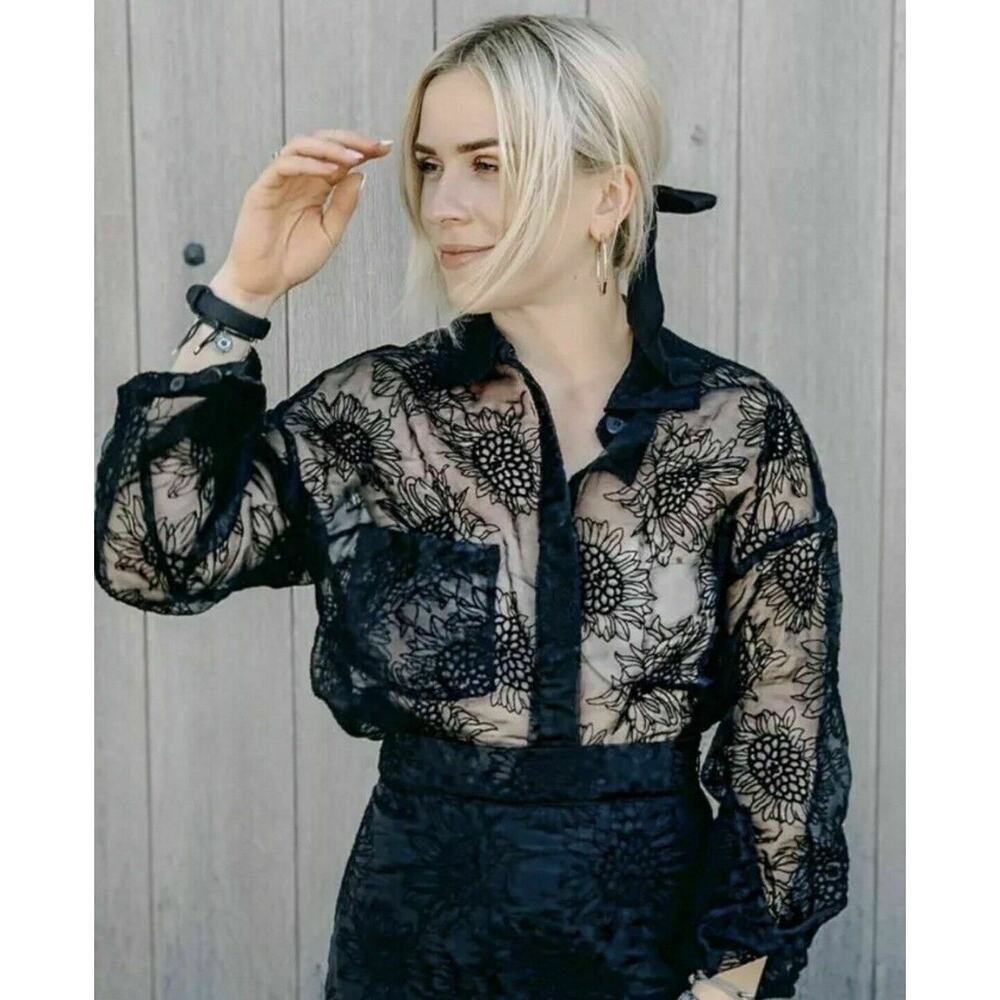 Sandra Mansour x H&M Organza Sunflower Embroidery Black Sheer Blouse Size L